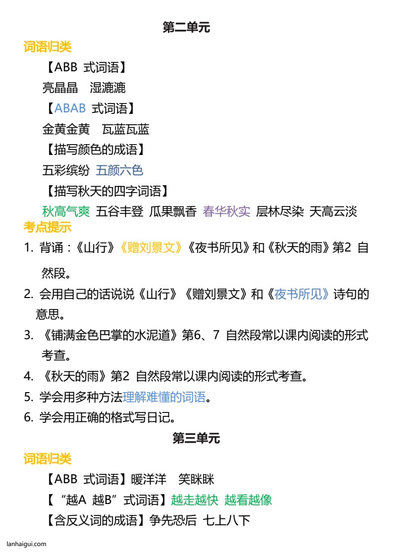 3年级语文上册词语归类积累 课文佳句汇总(1)(lanhaigui.com)_002